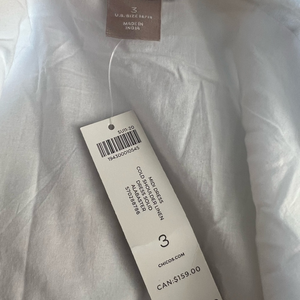Chico's 100% Linen Embroidered Cold Shoulder Alabaster Midi Dress NWT 3 XL - Picture 7 of 7